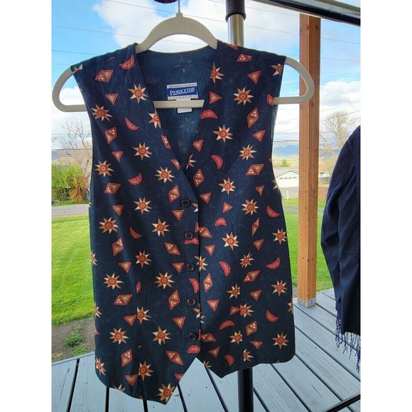 Pendleton Navy Blue Vest Geometric Shapes Button Up Tie Back Size 8 - Picture 1 of 6
